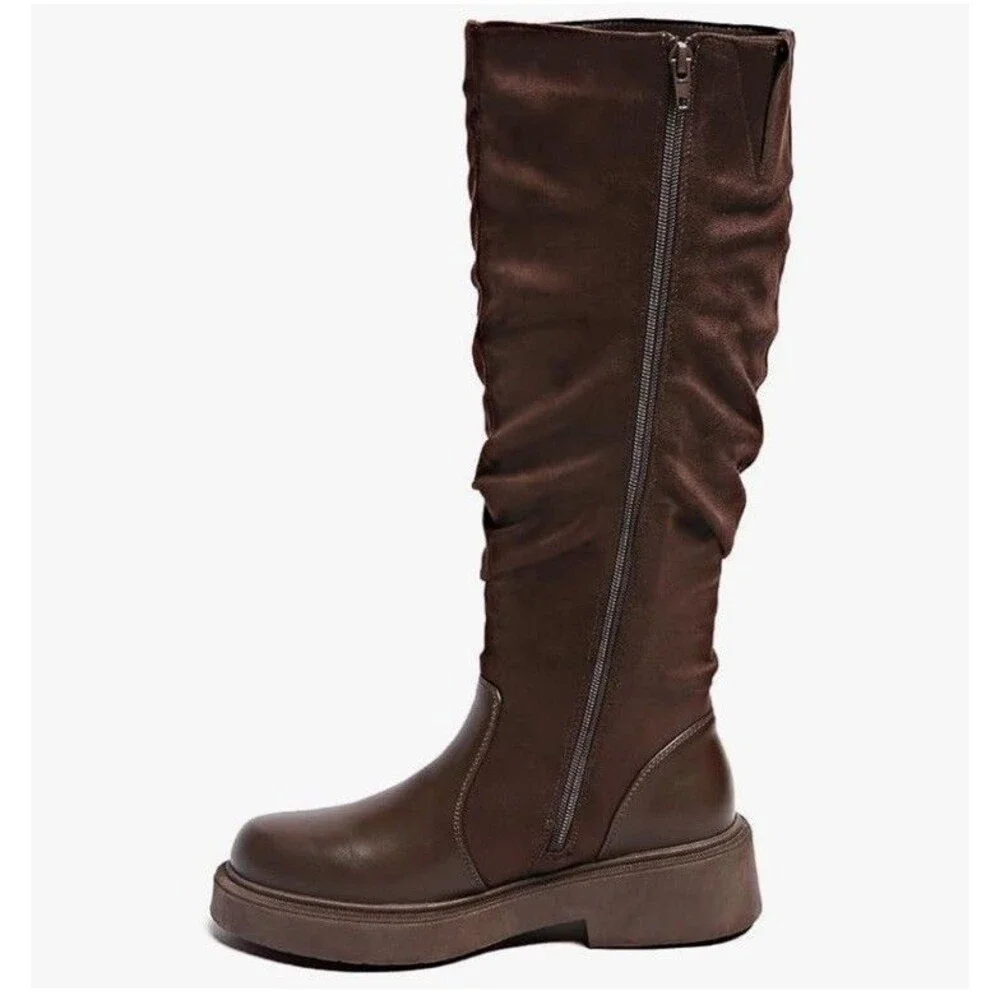 Women's Fashion Thick Heel Riding Boots Brown Side Zipper Durable Elegant 7.5